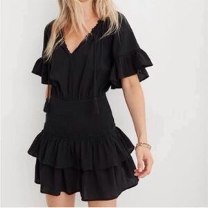 Aerie Smocked Waist Mini Dress in black ruffle sleeves crinkle gauze cotton L